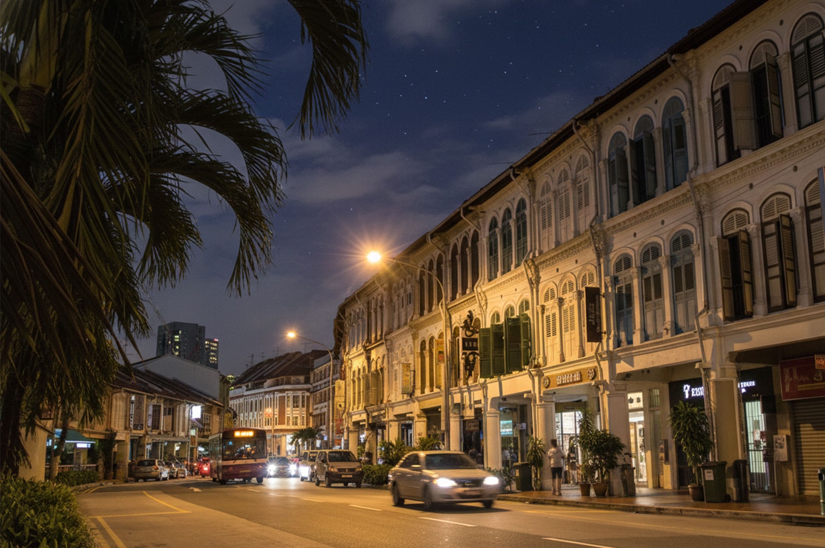 A street view of illuminated historical shophouse architecture in Singapore at night with cars driving by.