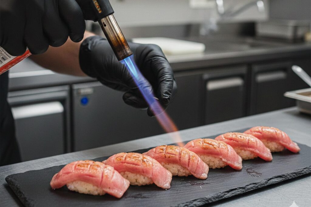 A chef using a kitchen blowtorch to sear a row of salmon nigiri sushi on a black slate platter.