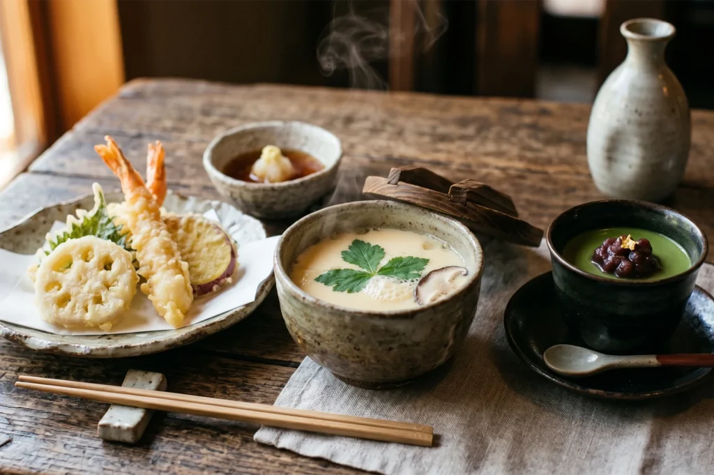 A traditional Japanese meal set featuring steaming chawanmushi (savory egg custard), crispy shrimp and vegetable tempura, and a matcha dessert with red bean.
