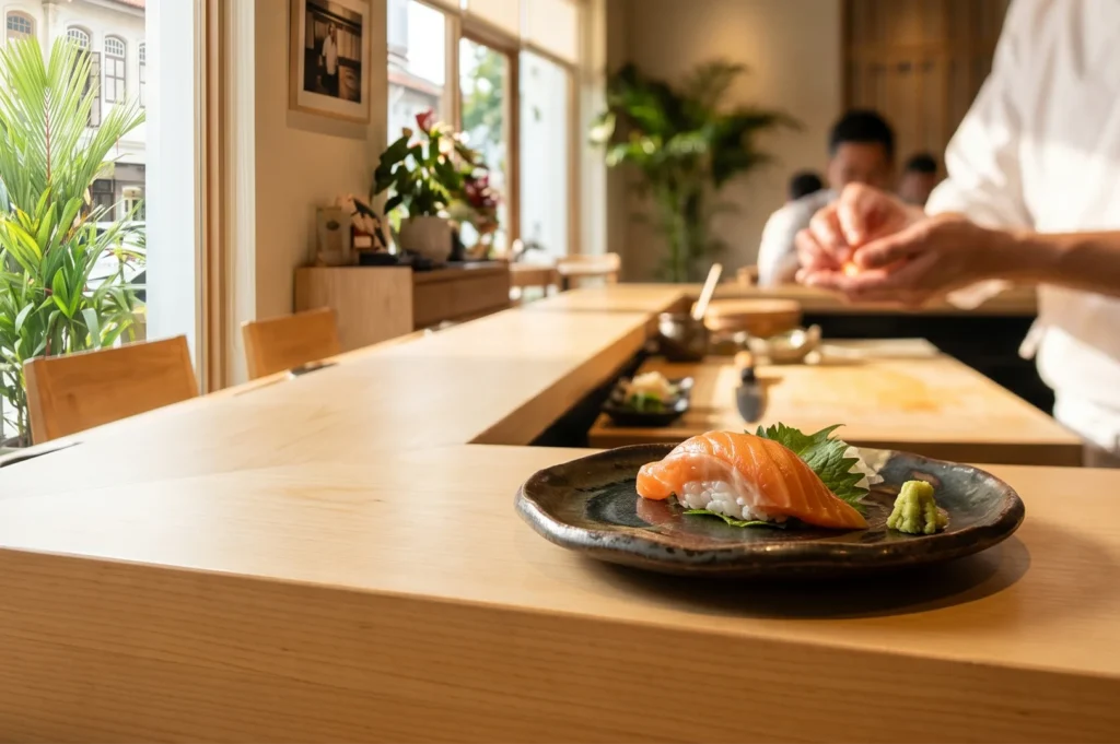 A piece of fresh salmon nigiri sushi served on a dark ceramic plate at a wooden sushi counter with a chef preparing food in the background.